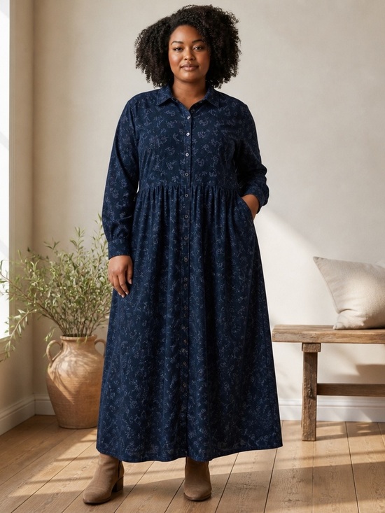 L.L. Bean Dresses & Skirts - L.L.Bean Women’s Navy Corduroy Button Front Maxi Shirt Dress Floral Print Sz 12